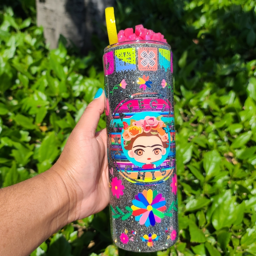 Grey Glitter epoxy coated cafecito y Chisme 20oz skinny tumbler